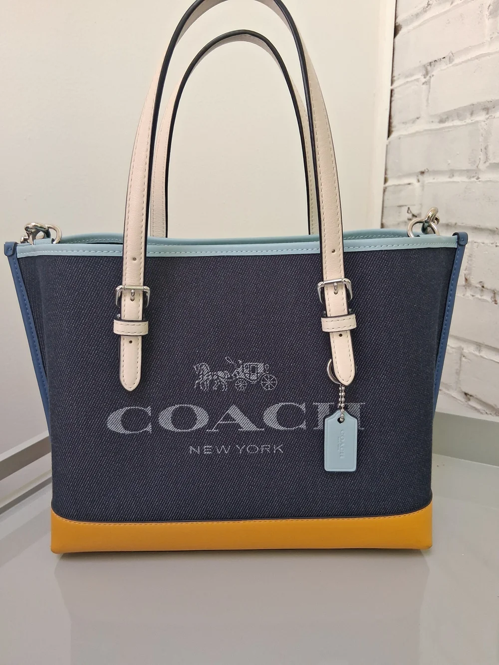 Authentic Coach Mollie Denim Color block Tote - Navy, Yellow & Light Blue